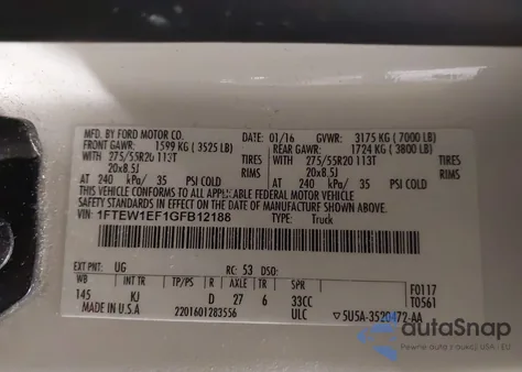 2016 Ford F-150 King Ranch z USA, uszkodzony, nr VIN 1FTEW1EF1GFB12188